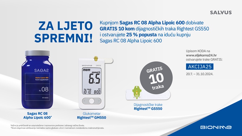 Kupnjom Sagas Alfa-lipoične kiseline u ljekarnama dobivate gratis 10 dijagnostičkih traka Rightest GS550 i ostvarujete 25% popusta na iduću kupnju alfa-lipoične!